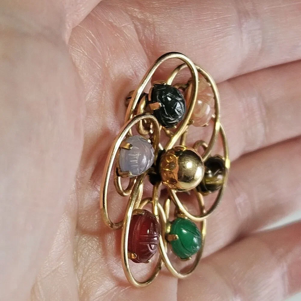 Van Dell Vintage 12K Gold Filled Carved Gemstone Scarab Beetle Gemstone Brooch